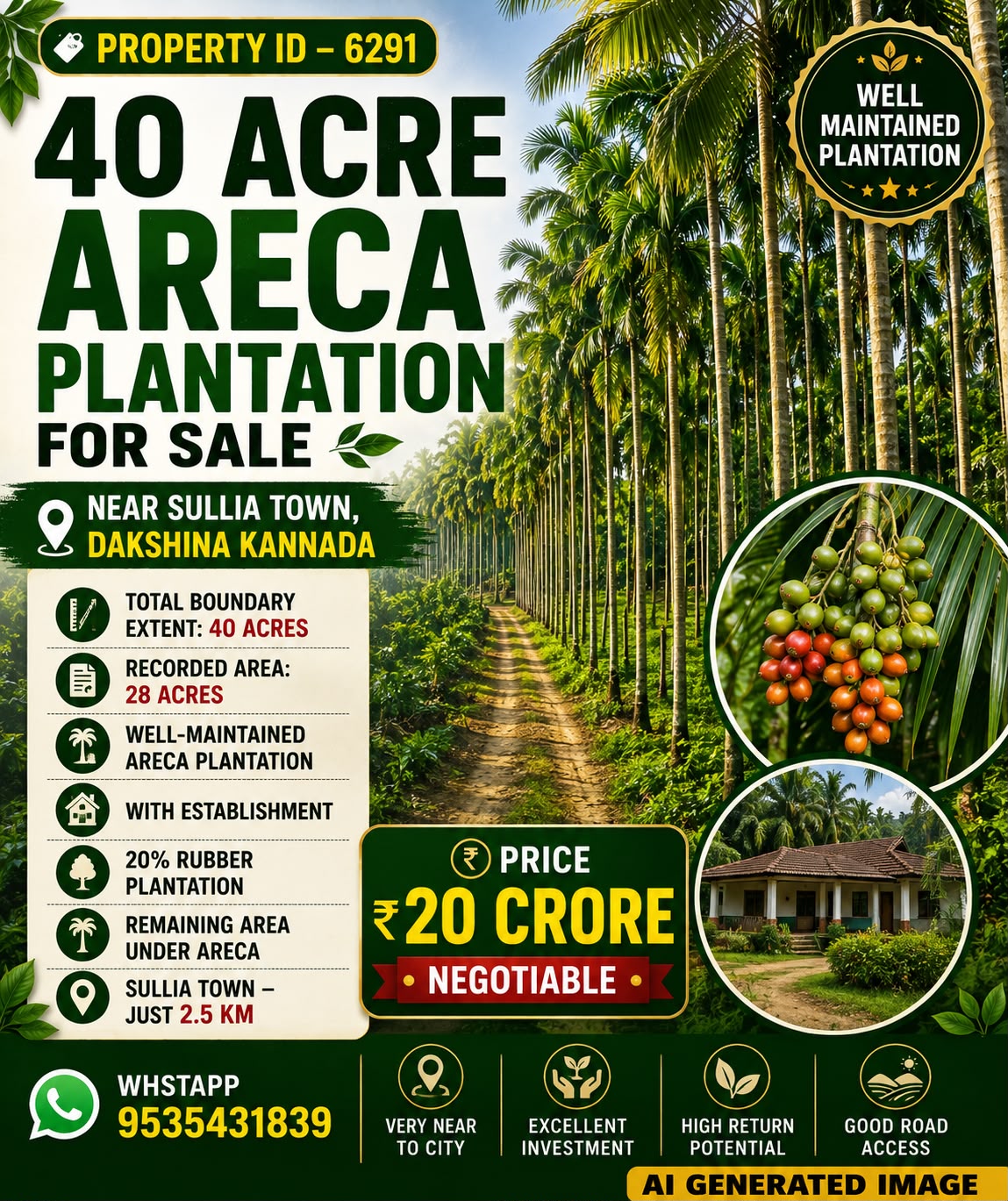 🆔 *PROPERTY ID –6291* 🌴🏡 *40 ACRE WELL-MAINTAINED ARECA PLANTATION FOR SALE – SULLIA